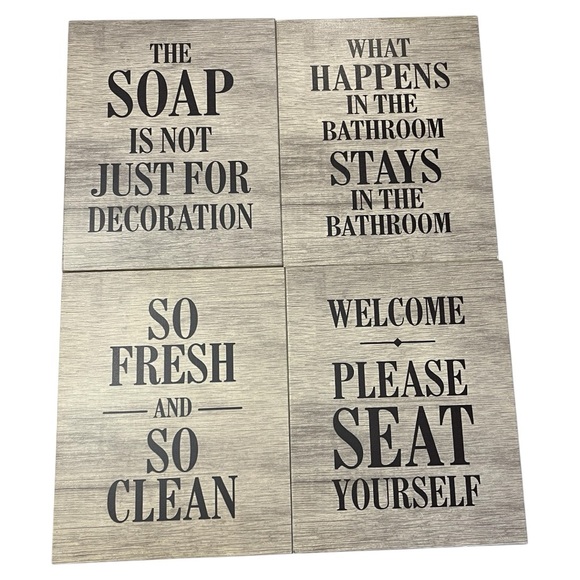 Bathroom Wall Decor Signs Funny Farmhouse Rustic Set of Four Neutral Wood - Picture 2 of 5